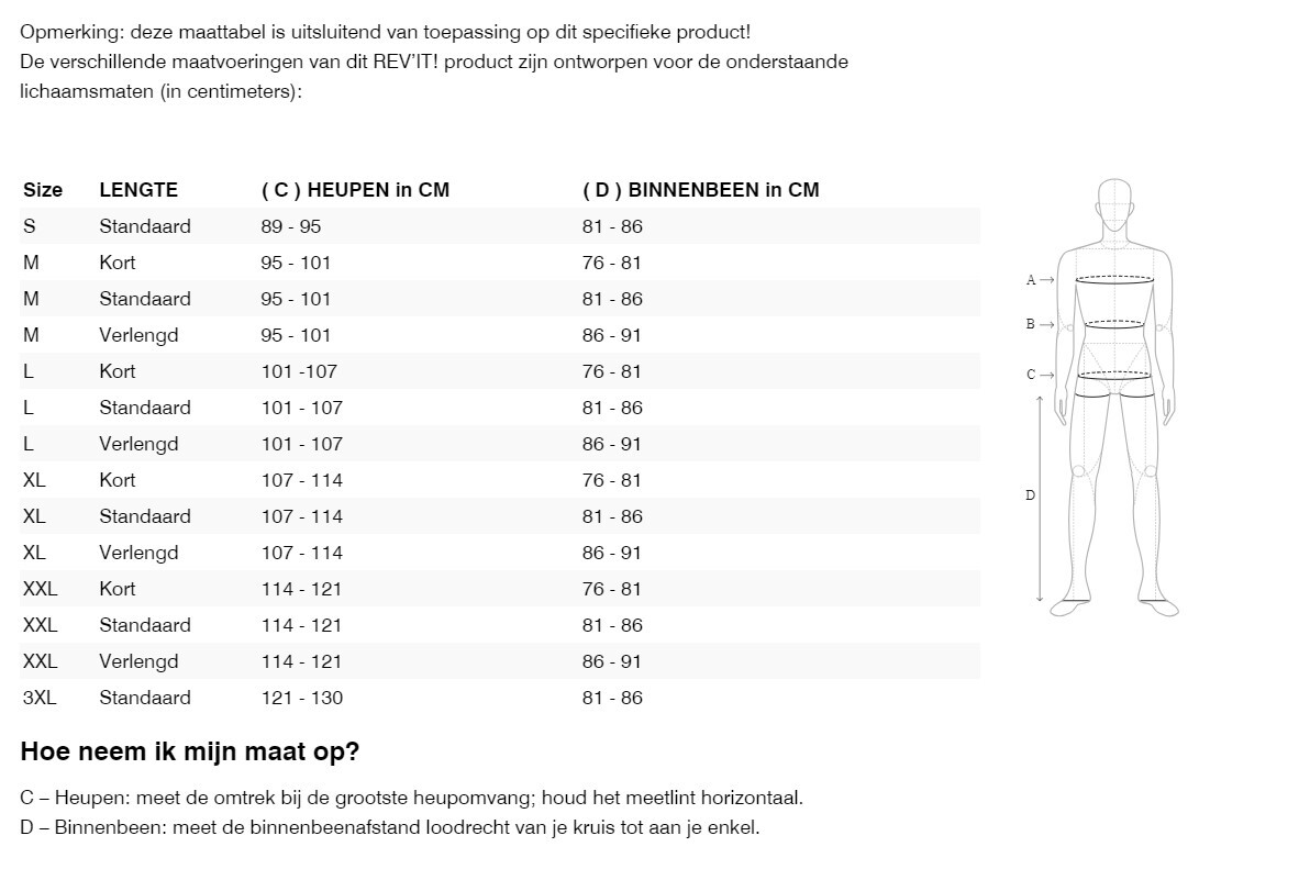 Foto: Size chart REV'IT!