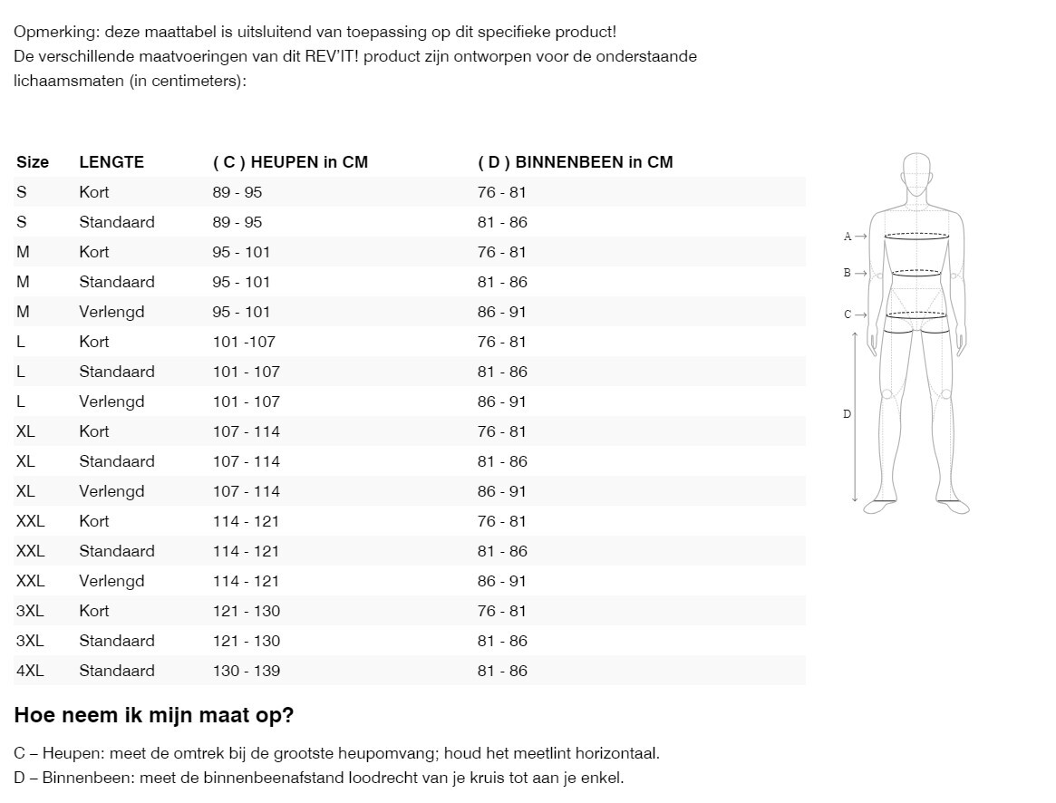 Foto: Size chart REV'IT!