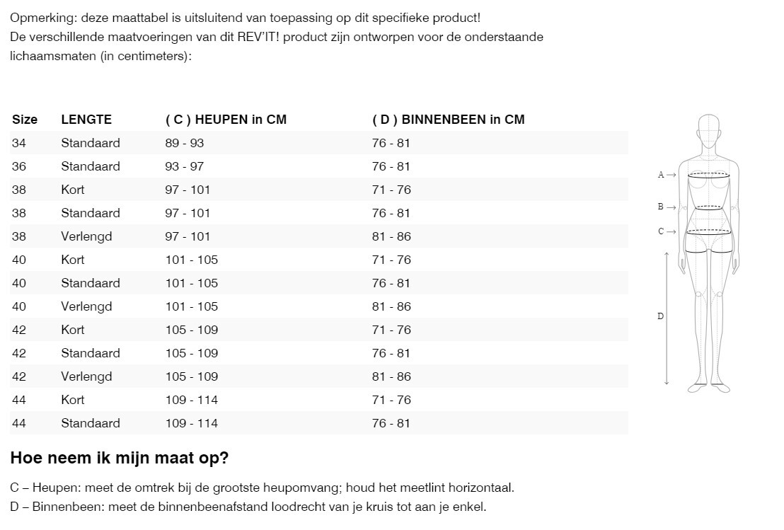 Foto: Size chart REV'IT!