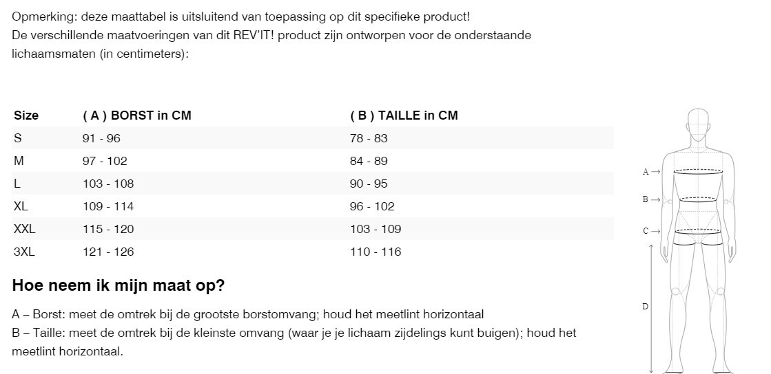 Foto: Size chart REV'IT!