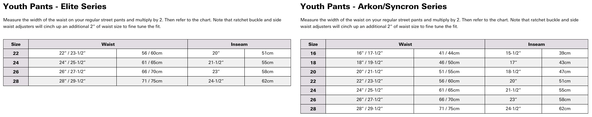 Foto: Size chart ANSWER