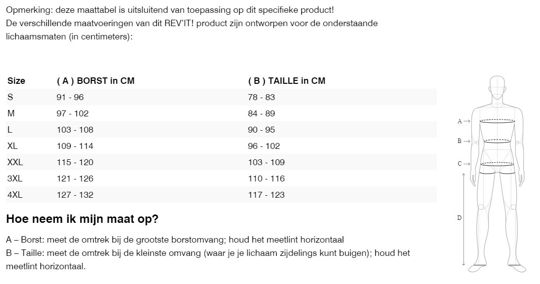 Foto: Size chart REV'IT!