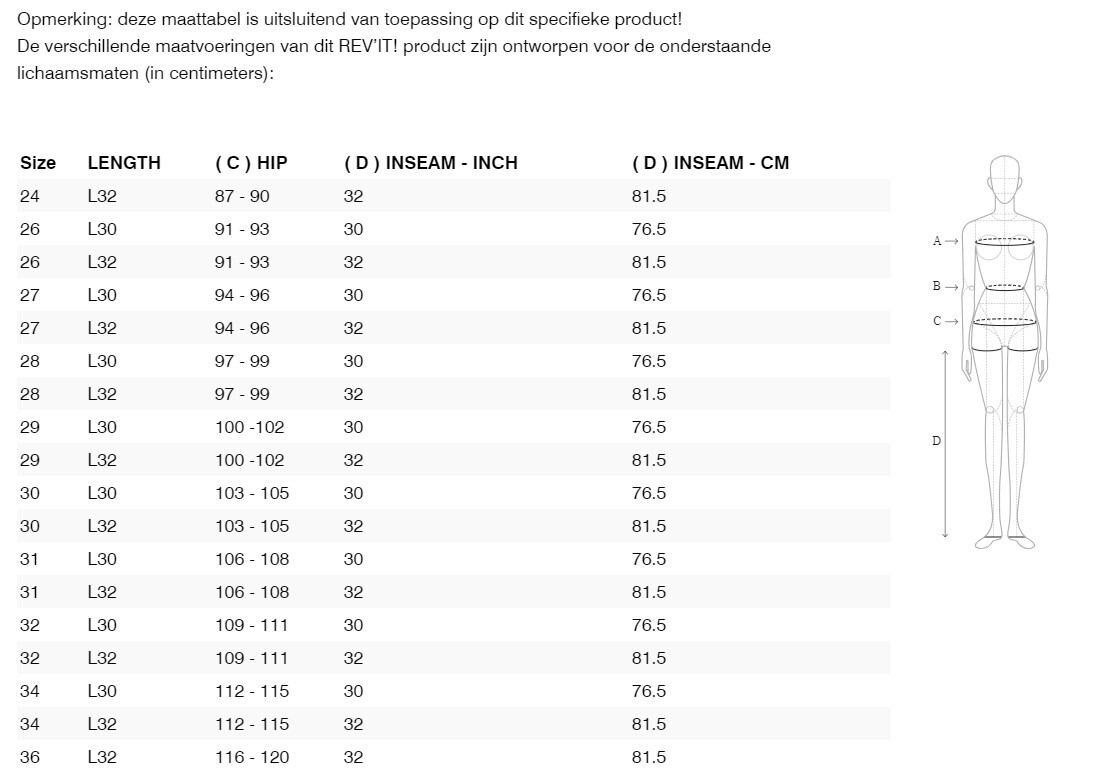 Foto: Size chart REV'IT!