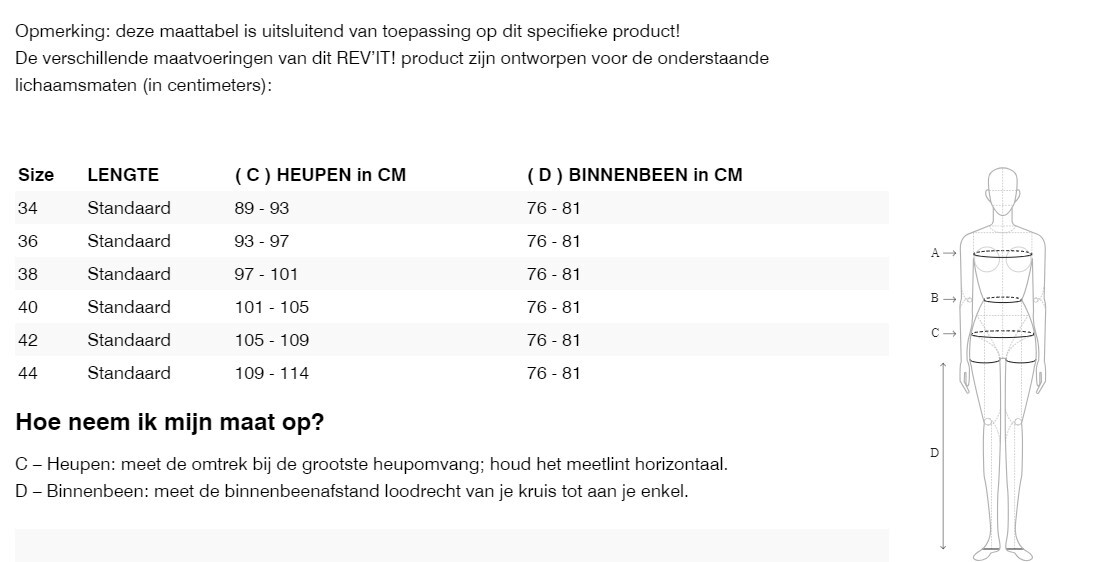 Foto: Size chart REV'IT!