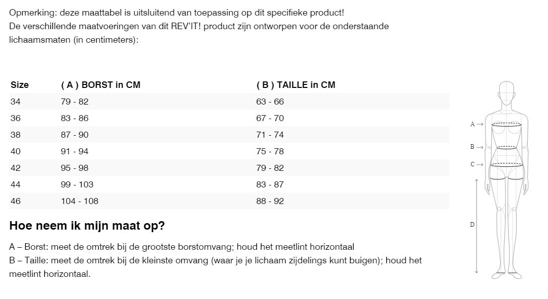 Foto: Size chart REV'IT!