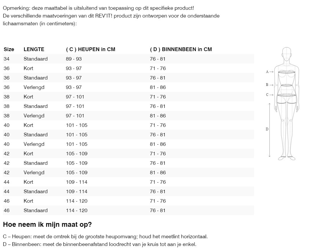 Foto: Size chart REV'IT!