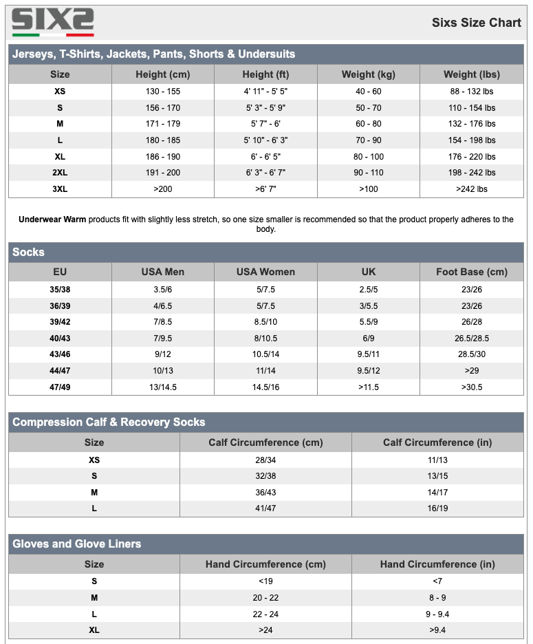 Foto: Size chart Sixs