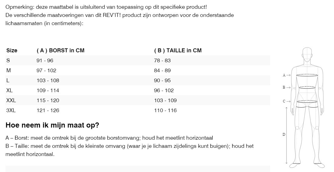 Foto: Size chart REV'IT!