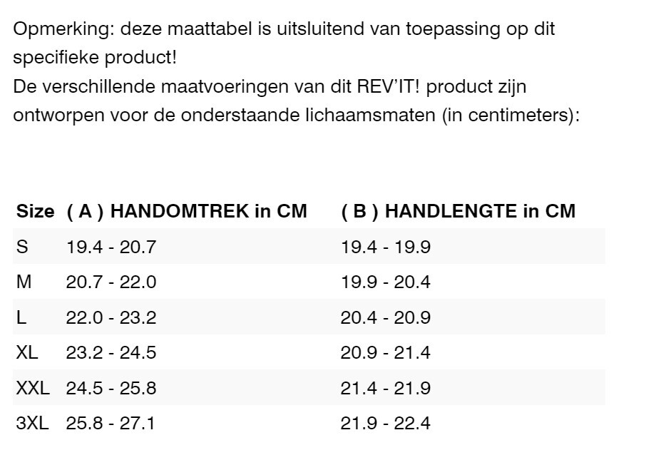 Foto: Size chart REV'IT!