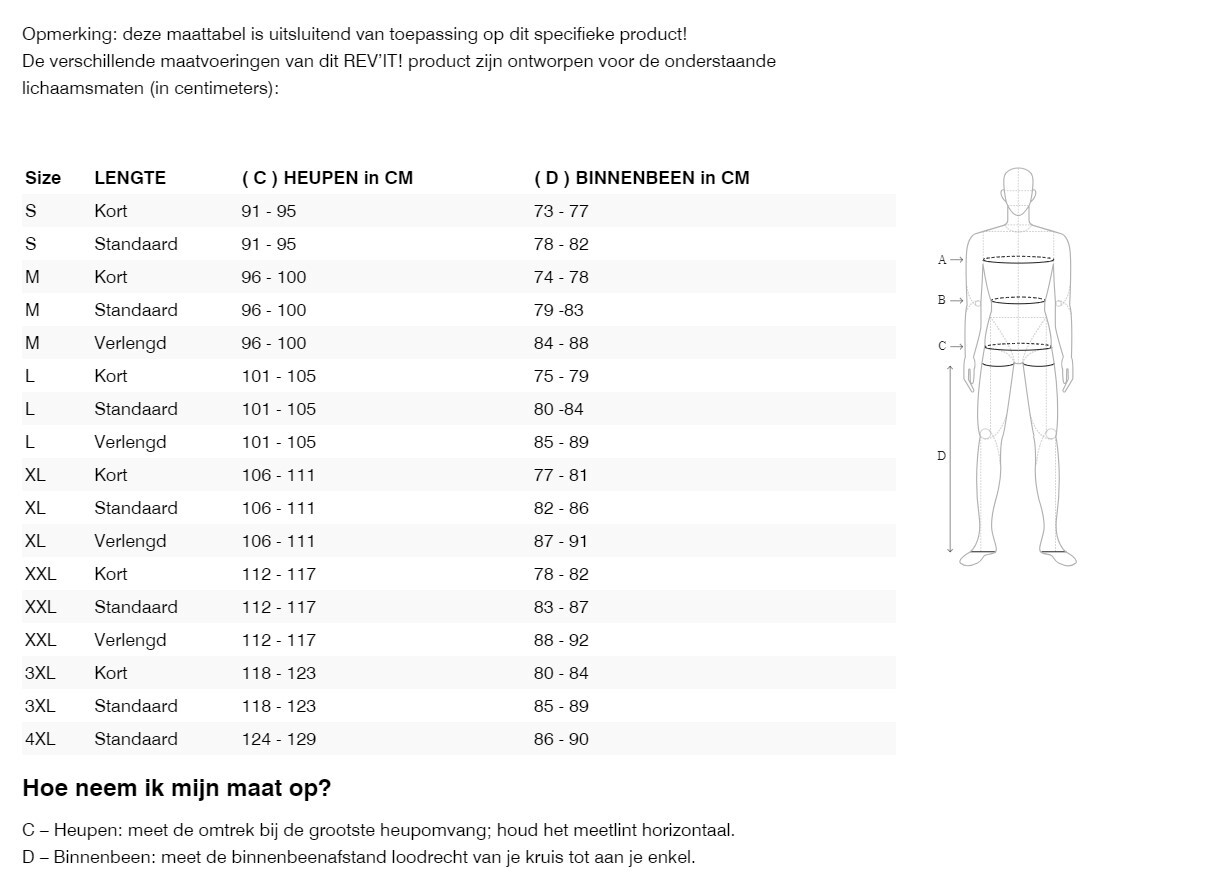 Foto: Size chart REV'IT!