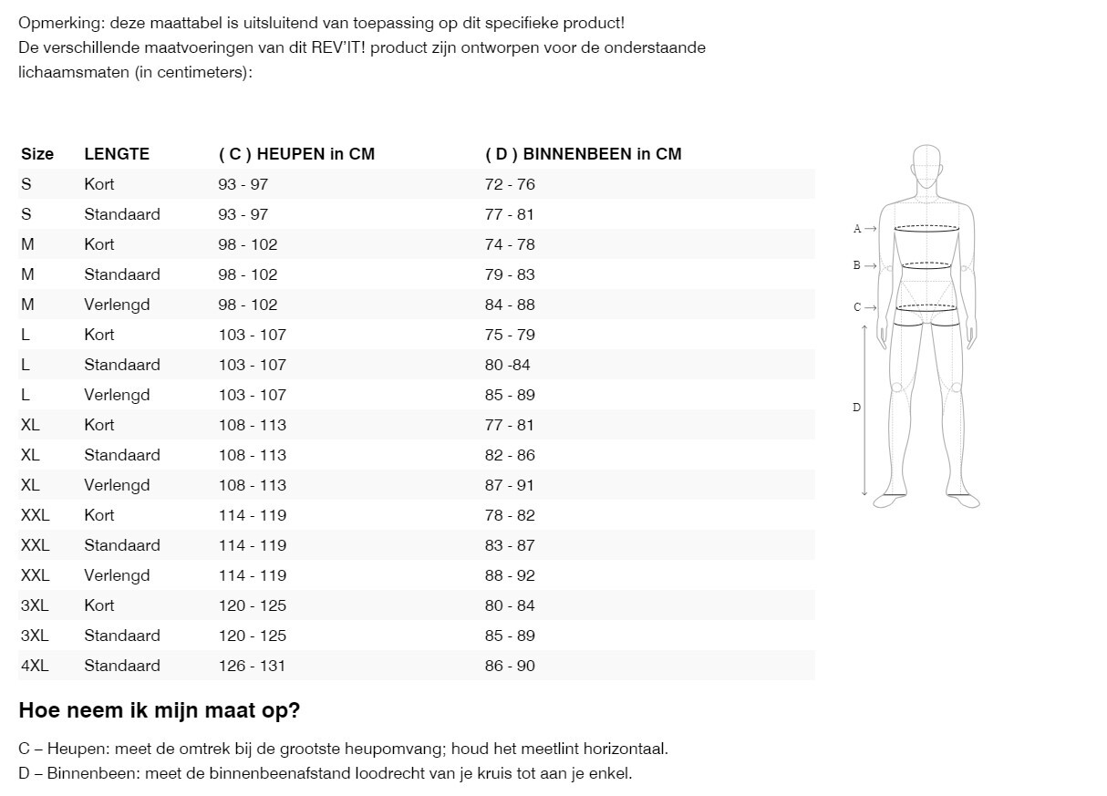 Foto: Size chart REV'IT!