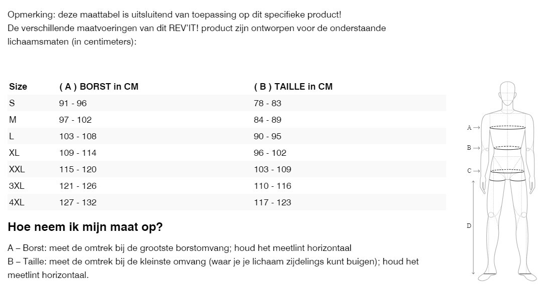 Foto: Size chart REV'IT!