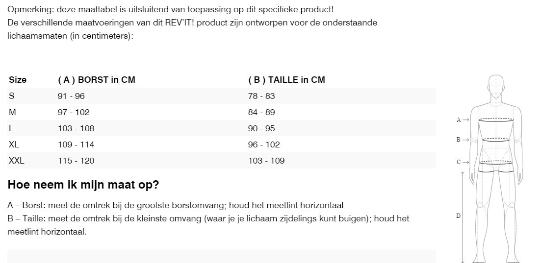 Foto: Size chart REV'IT!