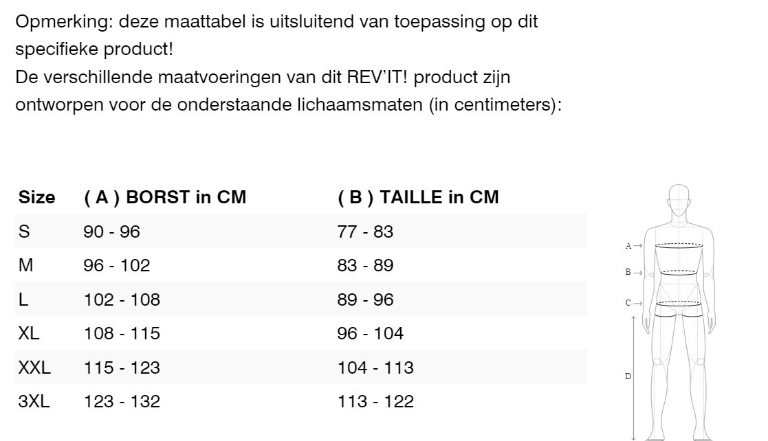 Foto: Size chart REV'IT!