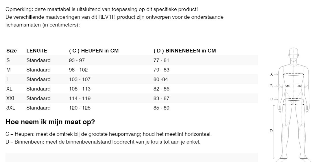 Foto: Size chart REV'IT!