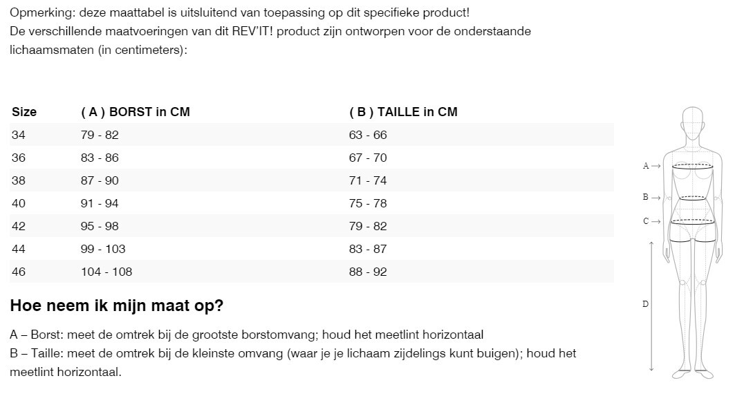 Foto: Size chart REV'IT!