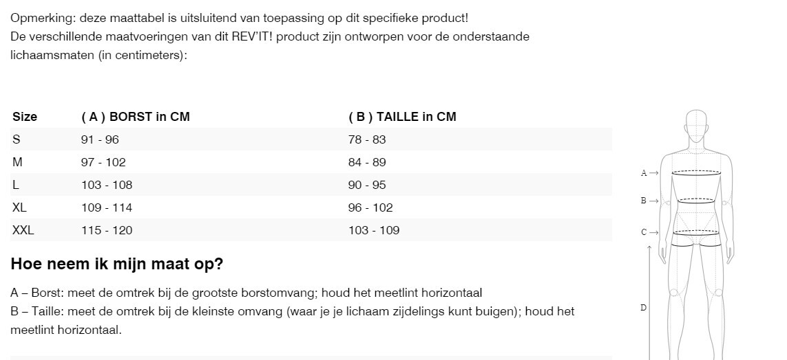 Foto: Size chart REV'IT!