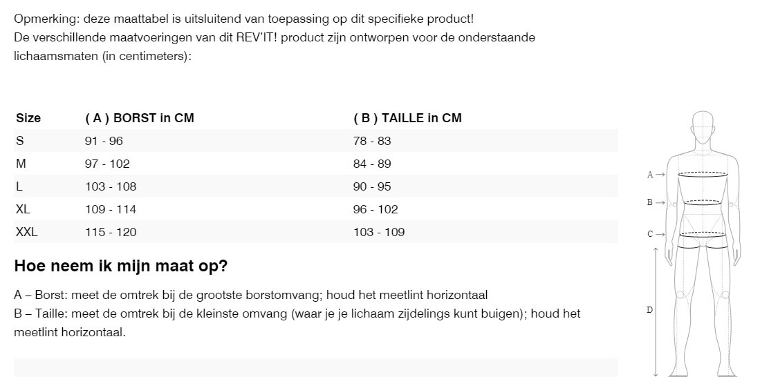 Foto: Size chart REV'IT!