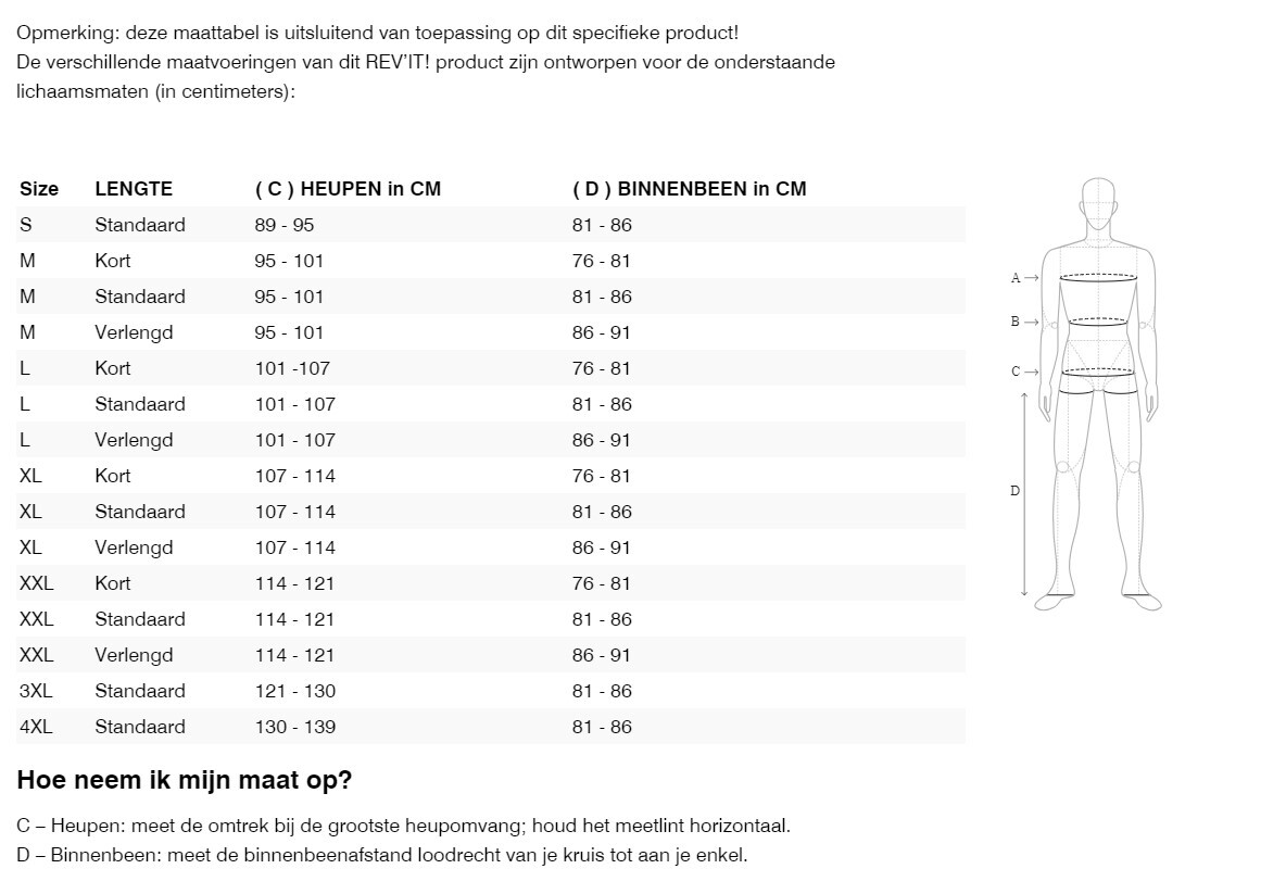 Foto: Size chart REV'IT!