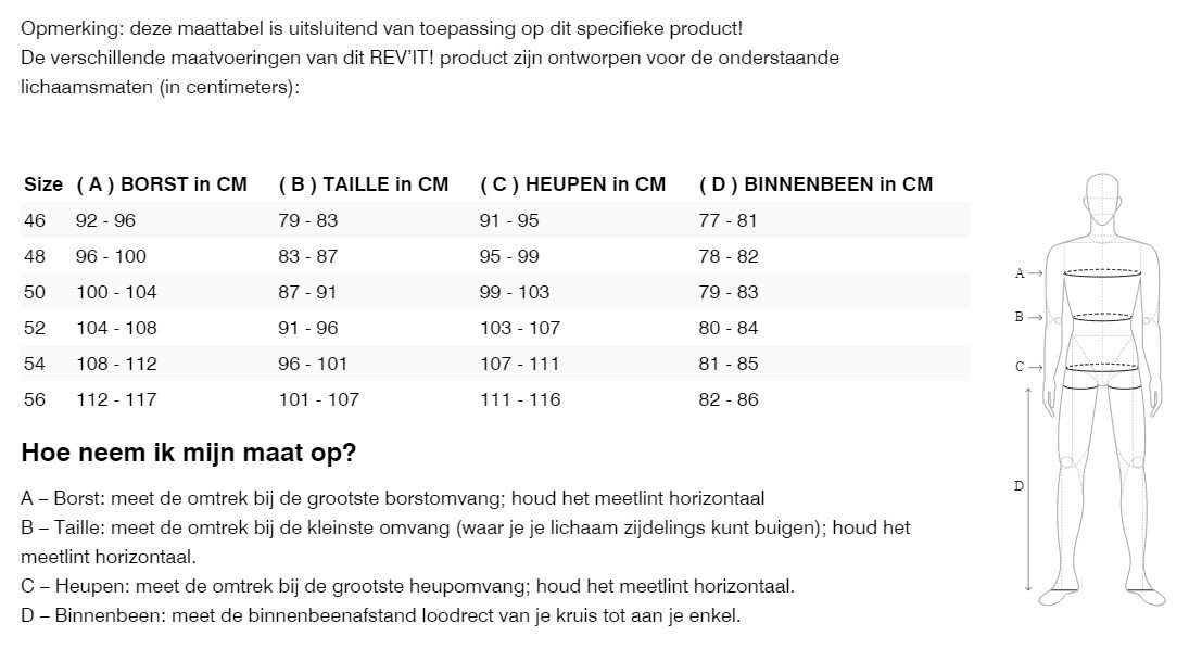 Foto: Size chart REV'IT!