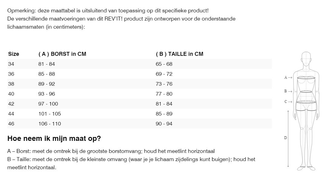 Foto: Size chart REV'IT!