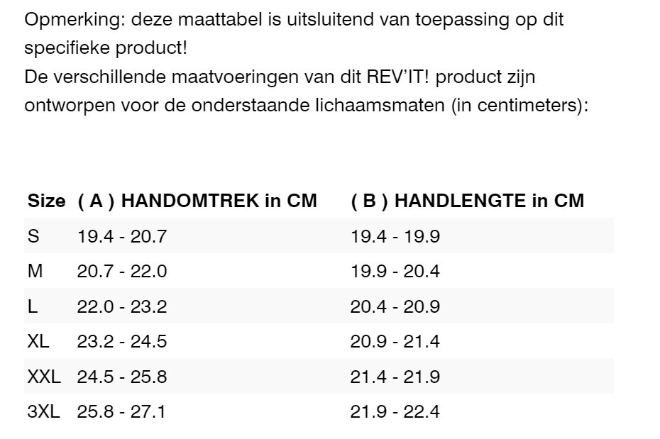 Foto: Size chart REV'IT!