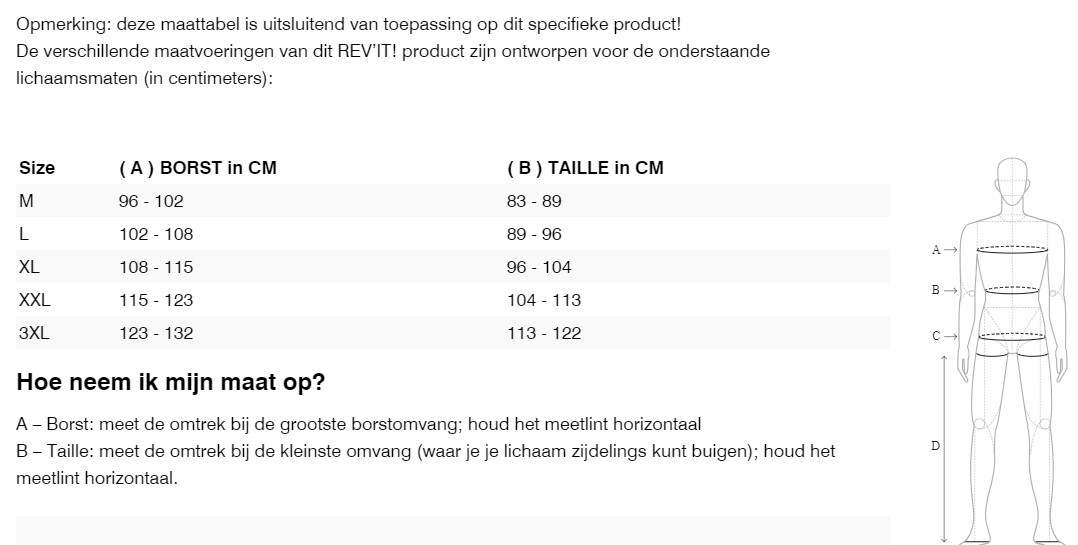 Foto: Size chart REV'IT!