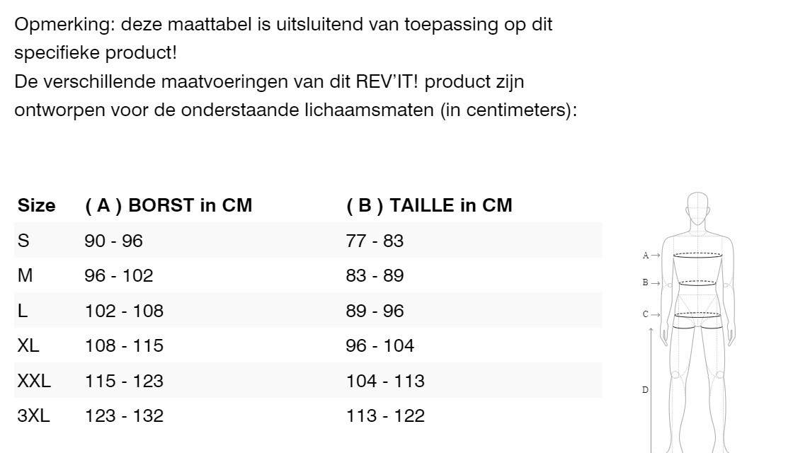 Foto: Size chart REV'IT!