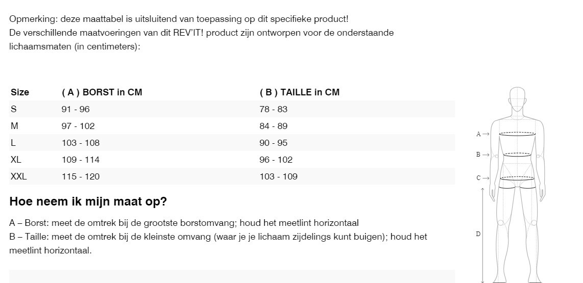 Foto: Size chart REV'IT!