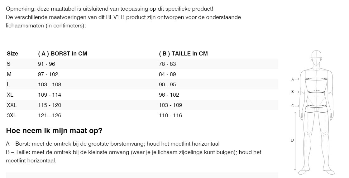 Foto: Size chart REV'IT!