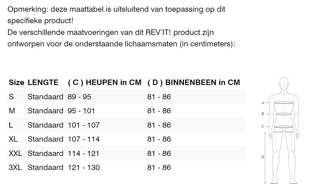 Foto: Size chart REV'IT!