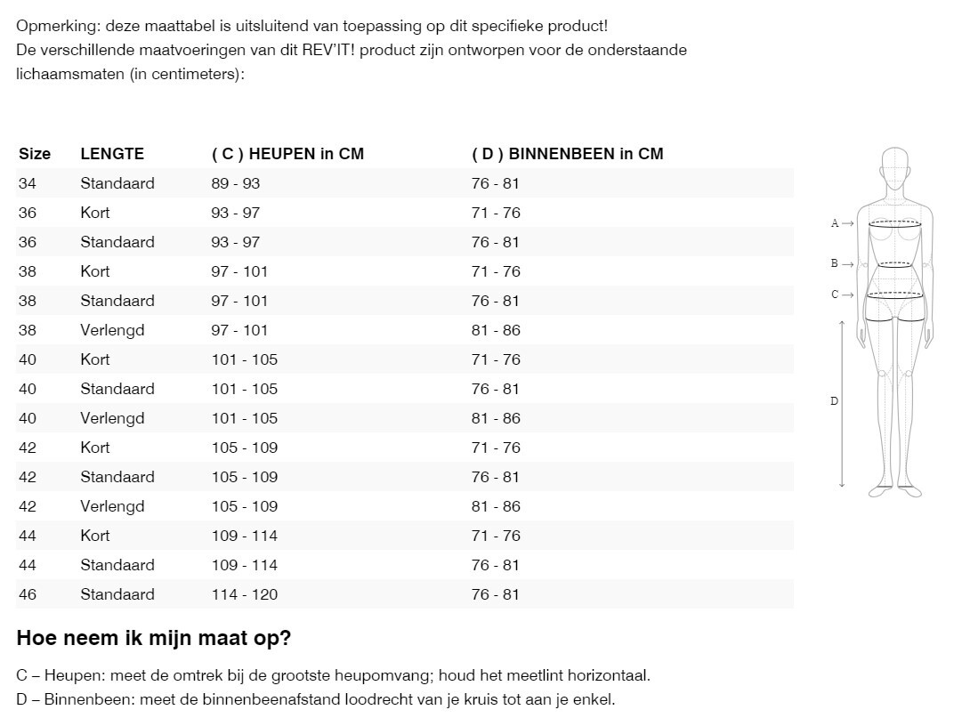 Foto: Size chart REV'IT!