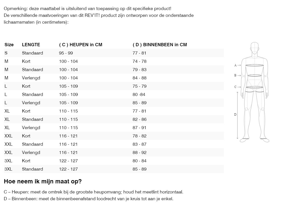 Foto: Size chart REV'IT!