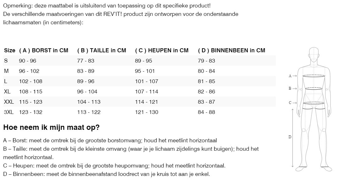 Foto: Size chart REV'IT!