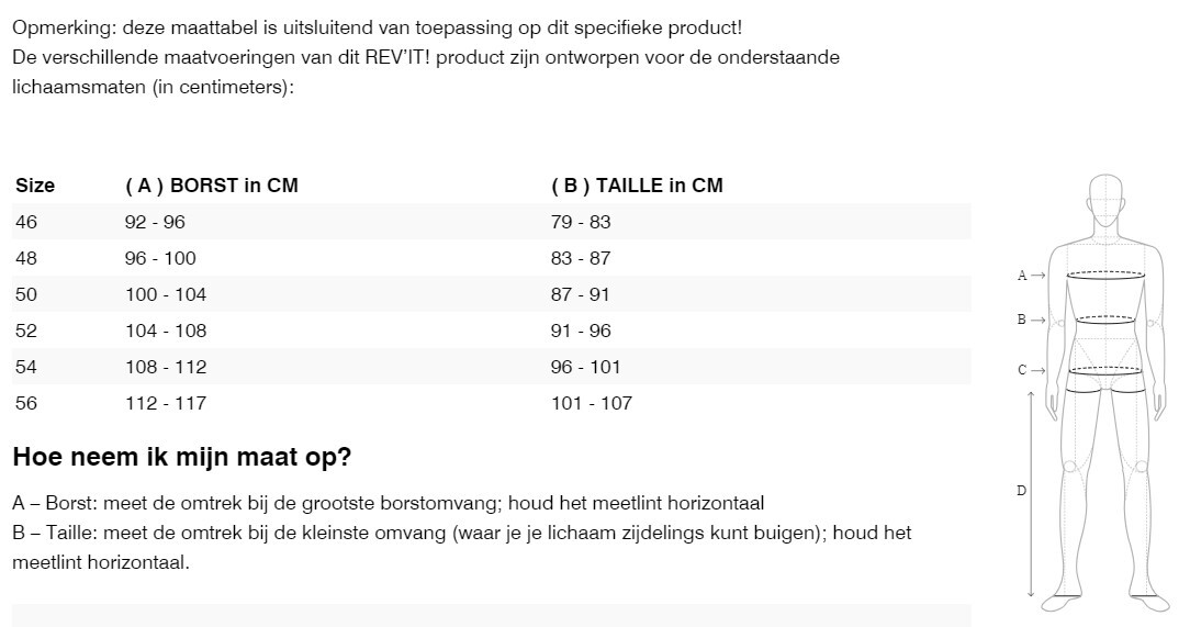 Foto: Size chart REV'IT!