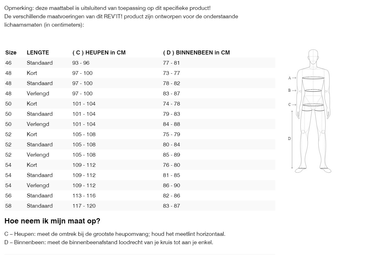 Foto: Size chart REV'IT!