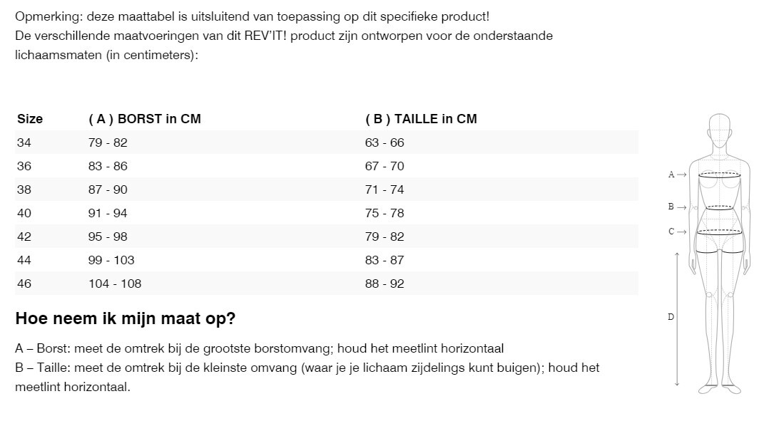 Foto: Size chart REV'IT!