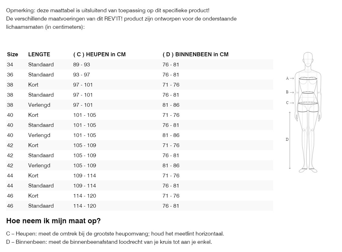 Foto: Size chart REV'IT!